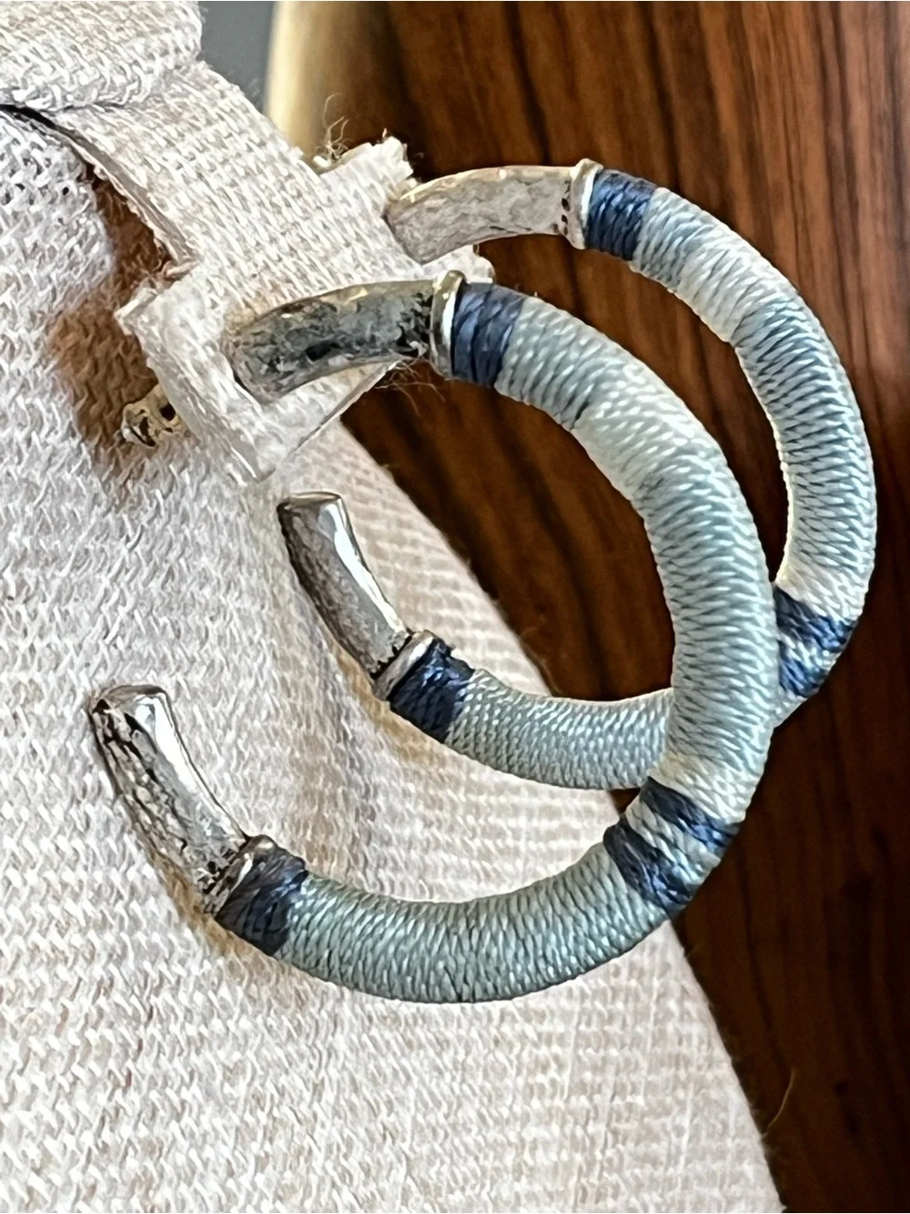 Wrapped Hammered Silver Hoop Earrings in Gray-Blue and Navy